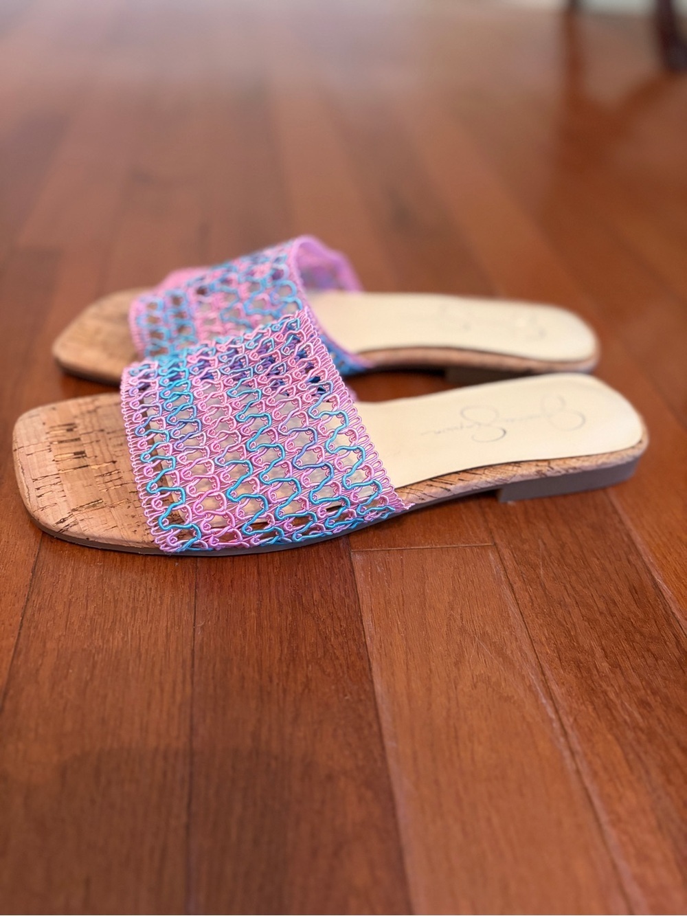 Jessica Simpson Pink & Blue Crochet Slide Sandals